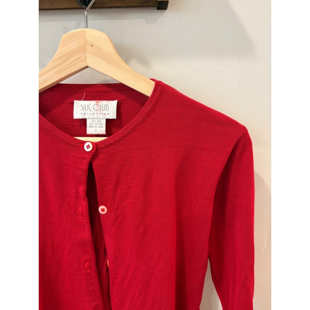 Silk Club Collection Red Silk Cotton Blend Button Front Cardigan - Picture 3 of 6